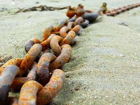 rusty anchor chains on a beach